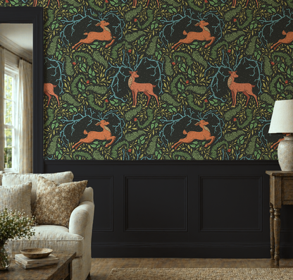 Dark woodland deer wallpaper featuring copper-colored deer, lush ferns, twisting branches, and forest foliage on a black background.