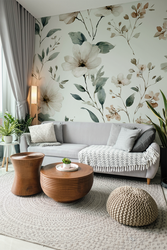 Soft neutral wildflower wall mural with delicate botanical flowers in beige and sage tones in room 