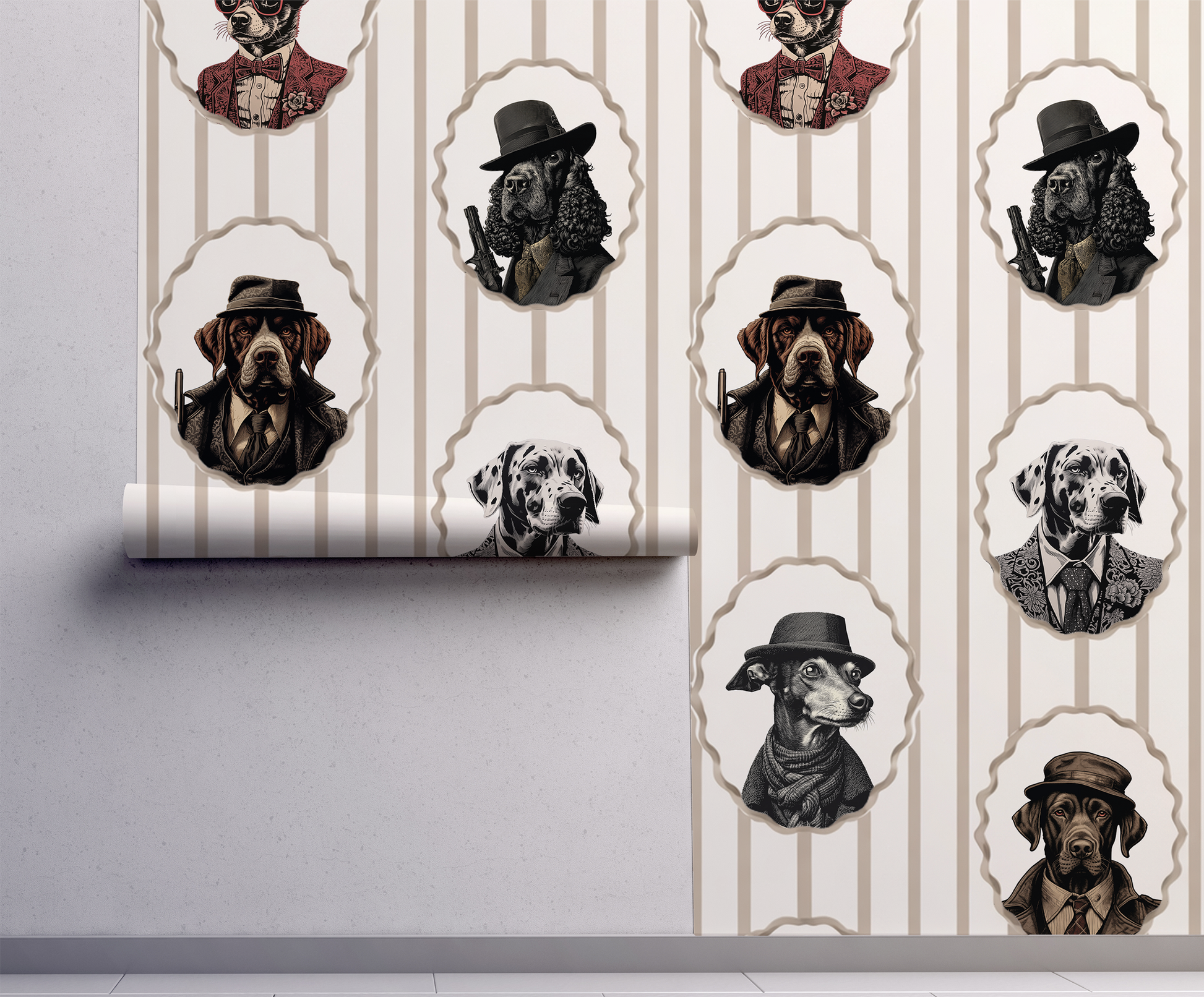 Vintage dog portrait wallpaper with Victorian dressed dogs in oval frames, beige striped background, moody cottagecore animal wall design on wall