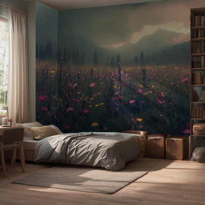 Lavender field forest peel and stick wallpaper mural 