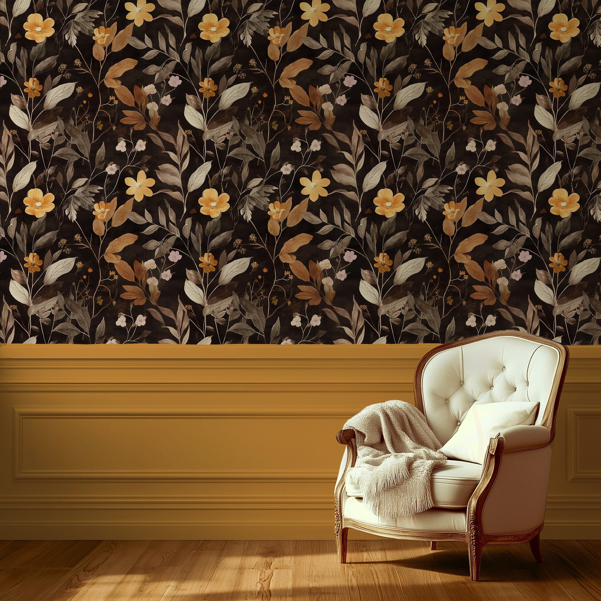 Peel and stick wallpaper with ochre flowers, botanical sketches, and dark background for moody Cottagecore interiors