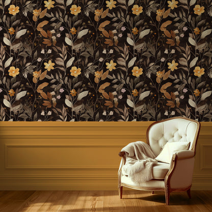 Peel and stick wallpaper with ochre flowers, botanical sketches, and dark background for moody Cottagecore interiors