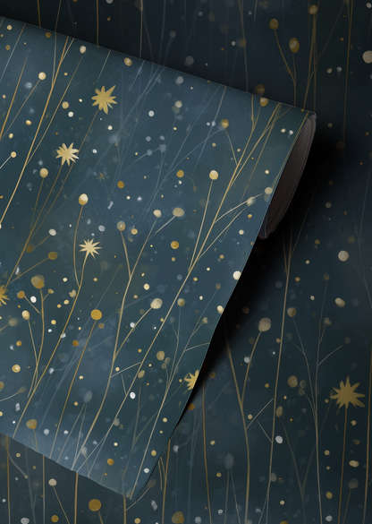 Dark starry meadow wallpaper with delicate wildflower stems and golden stars on a deep blue background Up close 