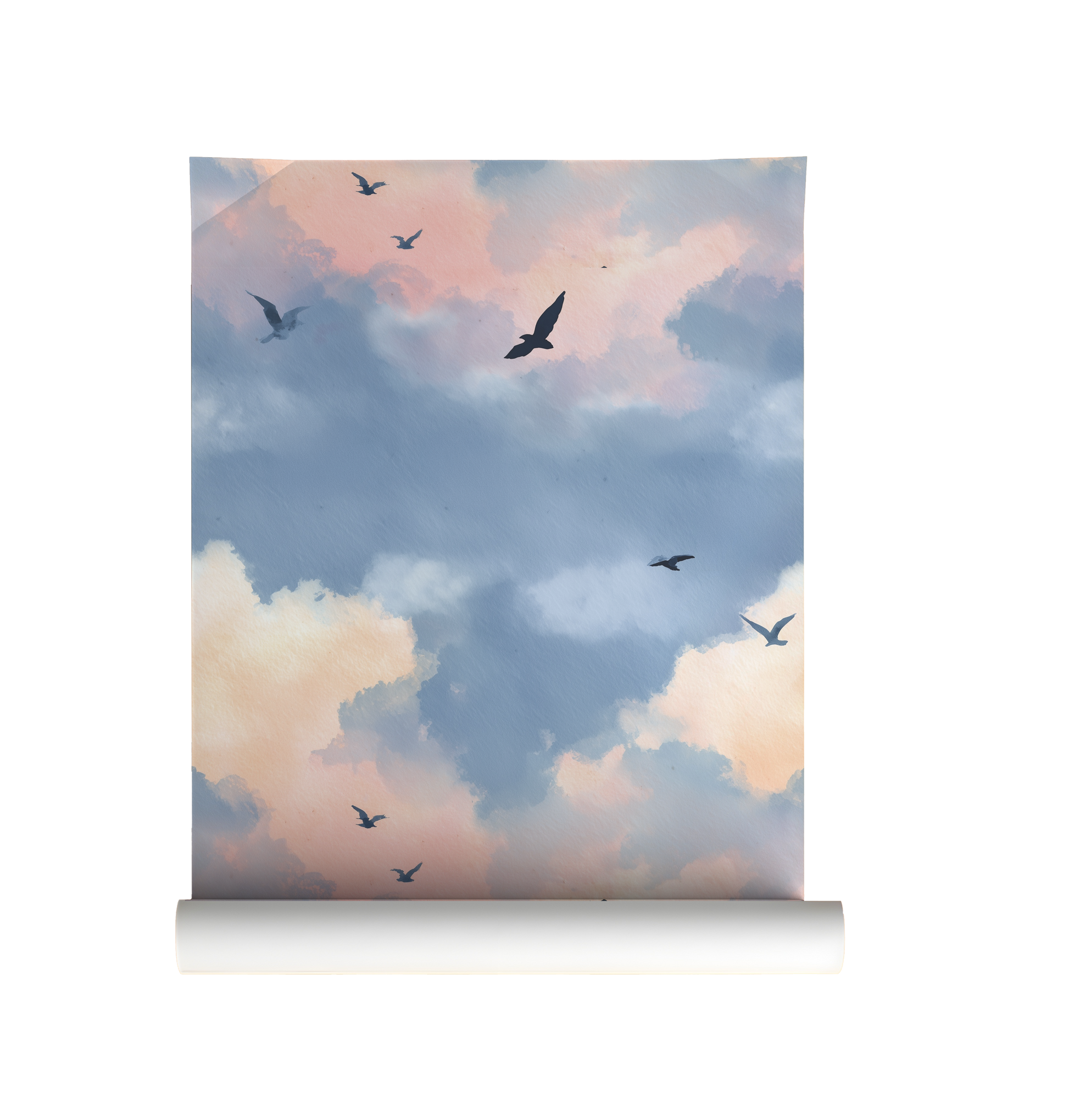 Dreamy evening sky wallpaper with soft blue and peach clouds and flying birds On roll. 