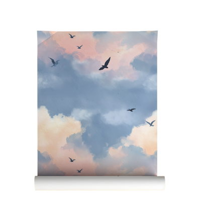Dreamy evening sky wallpaper with soft blue and peach clouds and flying birds On roll. 
