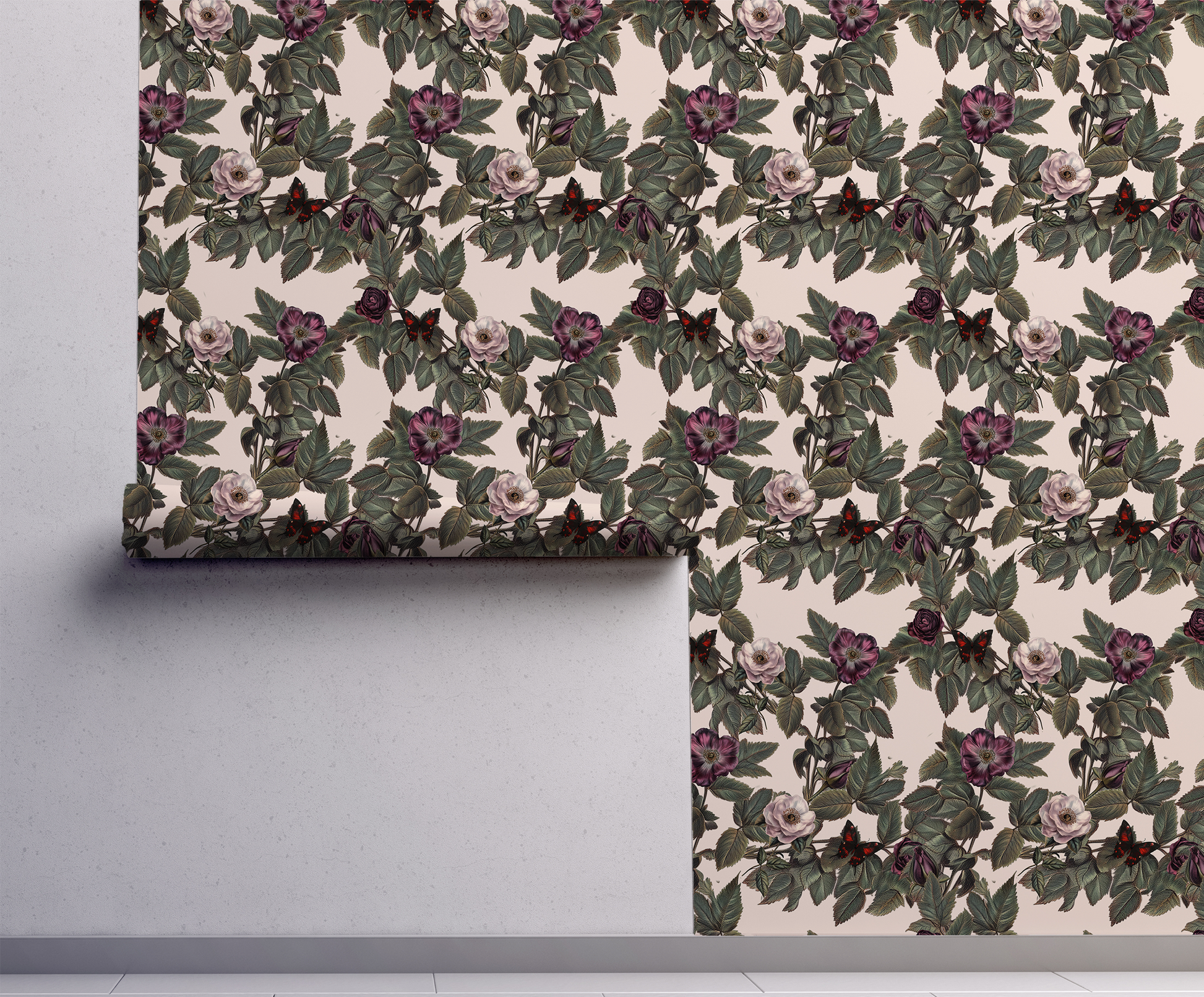Vampire butterfly wallpaper with moody black and burgundy butterflies among vintage-style roses and green foliage on a soft blush background on wall rolls