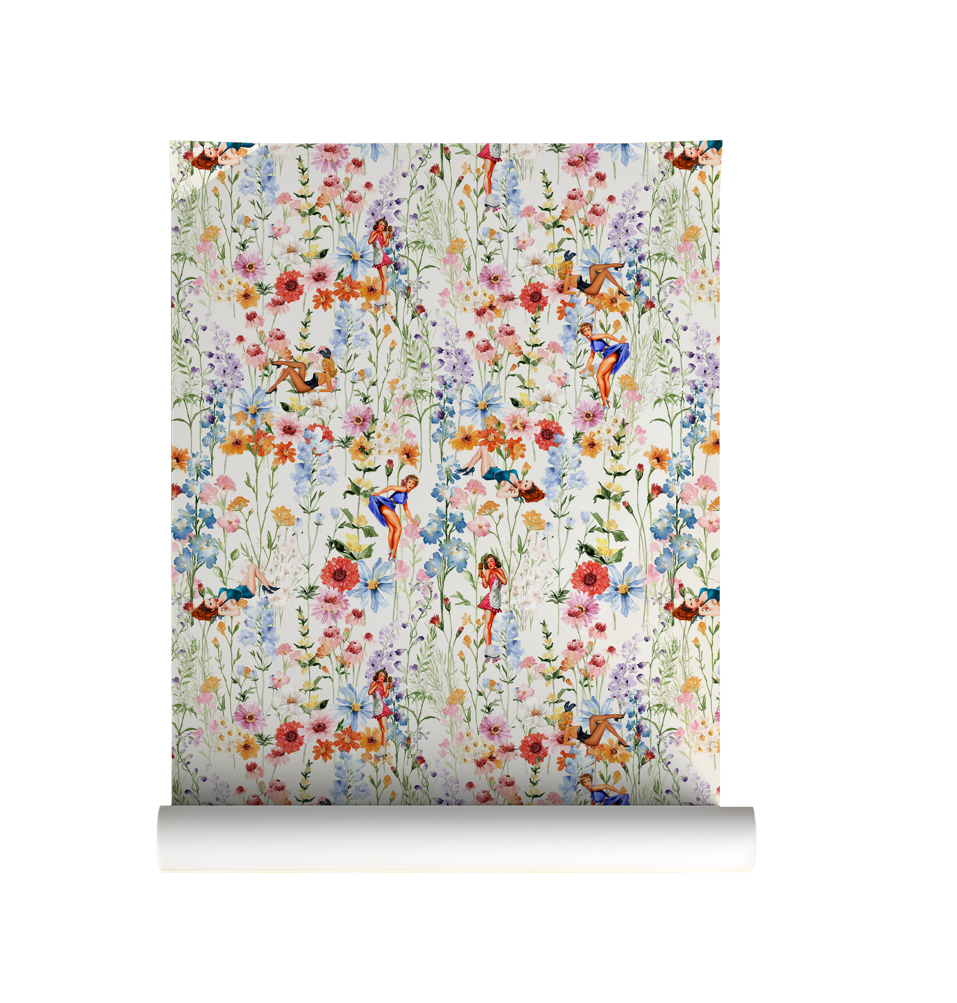 Retro pin up girl wallpaper featuring colorful watercolor wildflowers and vintage pin up illustrations on a bright white background.