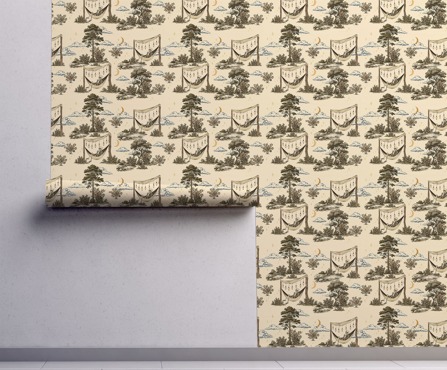 Gothic CottageCore Toile | Camping Skeleton Wallpaper