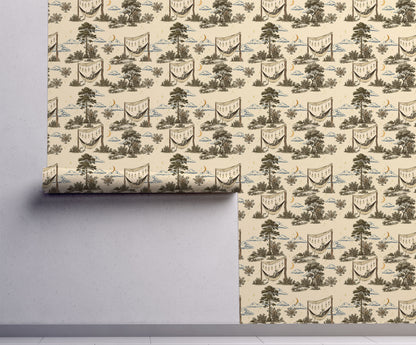 Gothic CottageCore Toile | Camping Skeleton Wallpaper