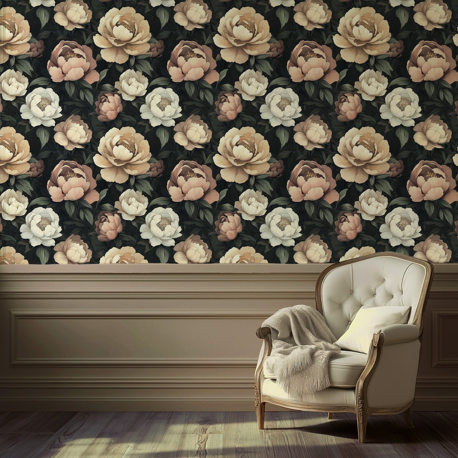 Peel and stick wallpaper with large blush and cream peonies on a dark background for romantic Cottagecore interiors