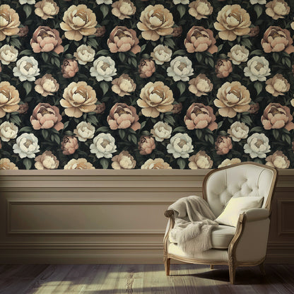 Peel and stick wallpaper with large blush and cream peonies on a dark background for romantic Cottagecore interiors