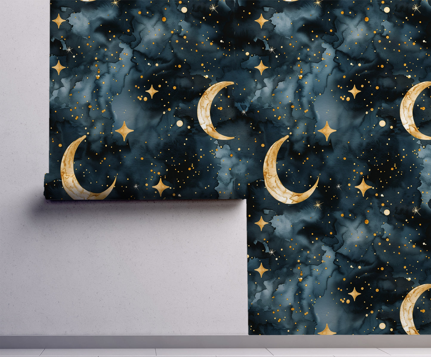 Crescent Moon -  Dark Celestial Watercolor Wallpaper