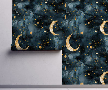 Crescent Moon -  Dark Celestial Watercolor Wallpaper