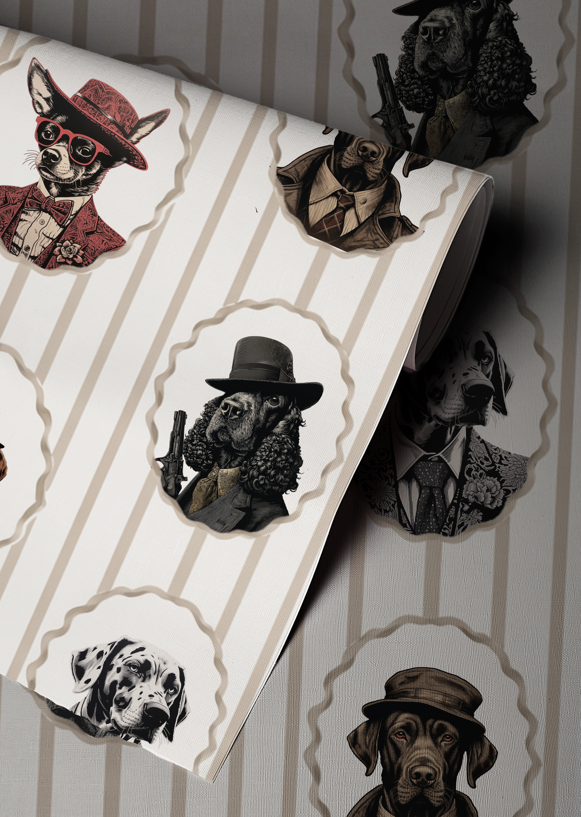 Vintage dog portrait wallpaper with Victorian dressed dogs in oval frames, beige striped background, moody cottagecore animal wall design up close