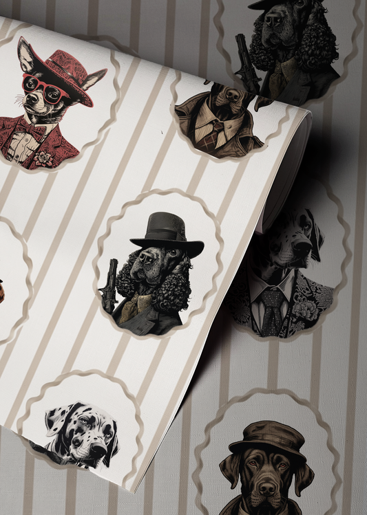 Vintage dog portrait wallpaper with Victorian dressed dogs in oval frames, beige striped background, moody cottagecore animal wall design up close