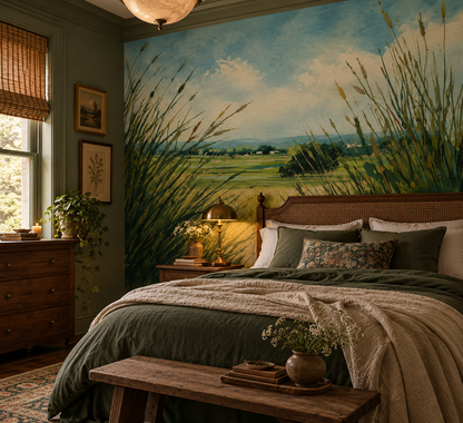 Watercolour countryside landscape wall mural featuring tall meadow grasses, rolling green fields and a soft blue summer sky in a vintage cottagecore style in bedroom