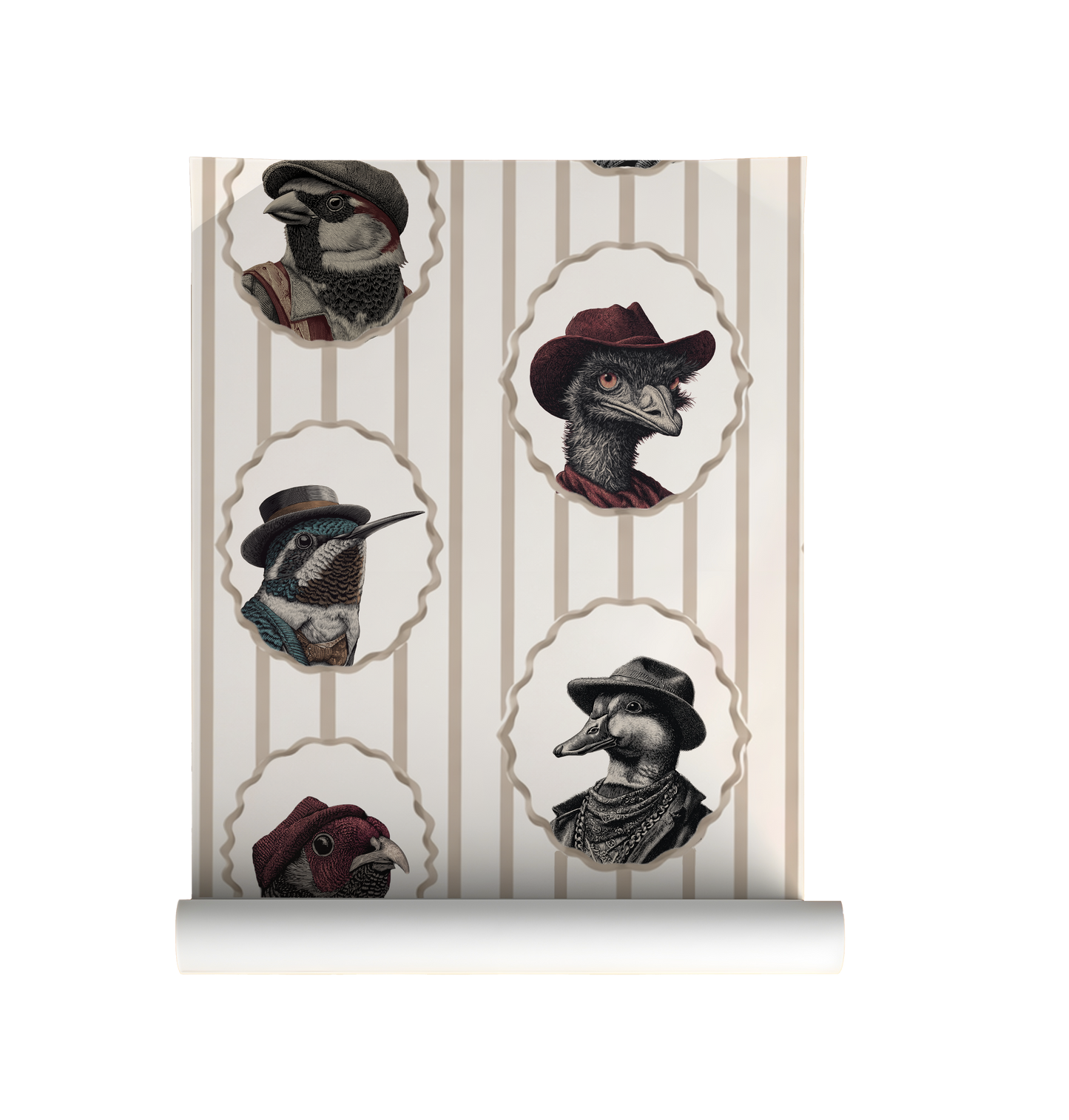 Vintage bird portrait wallpaper with animals in hats, striped background, whimsical cottagecore bird wall decor peel and stick on roll