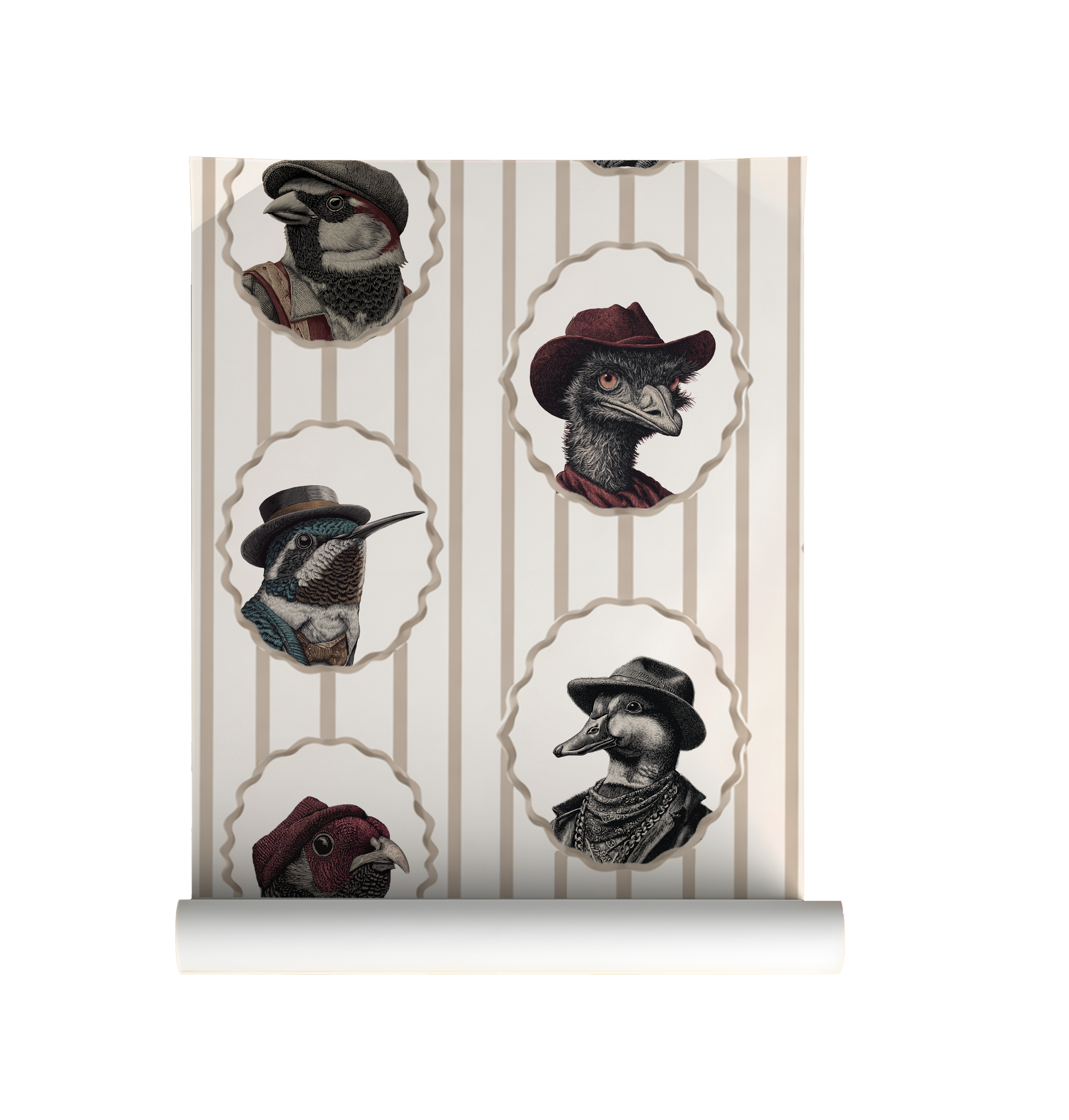 Vintage bird portrait wallpaper with animals in hats, striped background, whimsical cottagecore bird wall decor peel and stick on roll