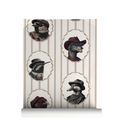 Vintage bird portrait wallpaper with animals in hats, striped background, whimsical cottagecore bird wall decor peel and stick on roll