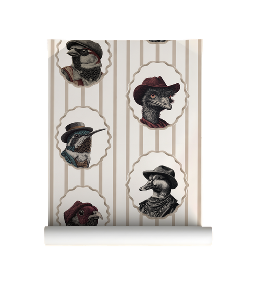 Vintage bird portrait wallpaper with animals in hats, striped background, whimsical cottagecore bird wall decor peel and stick on roll