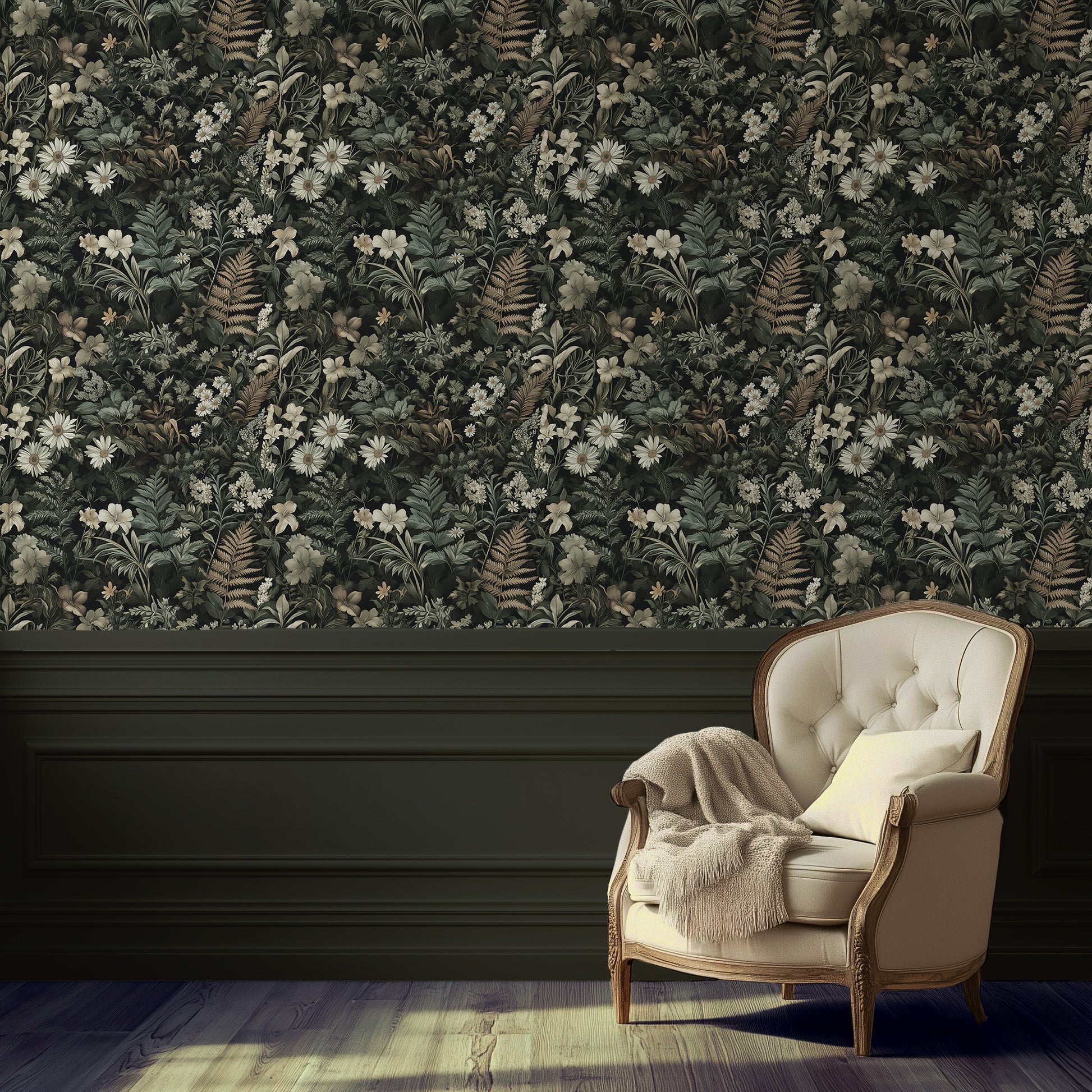 Dark botanical wallpaper with ivory flowers, sage leaves, and golden ferns on a black background, perfect for romantic Cottagecore bedrooms or creative spaces