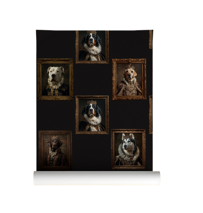 Dark vintage dog portrait wallpaper with regal dogs in ornate frames, moody black background, royal animal gallery wall peel and stick wallpaper on roll