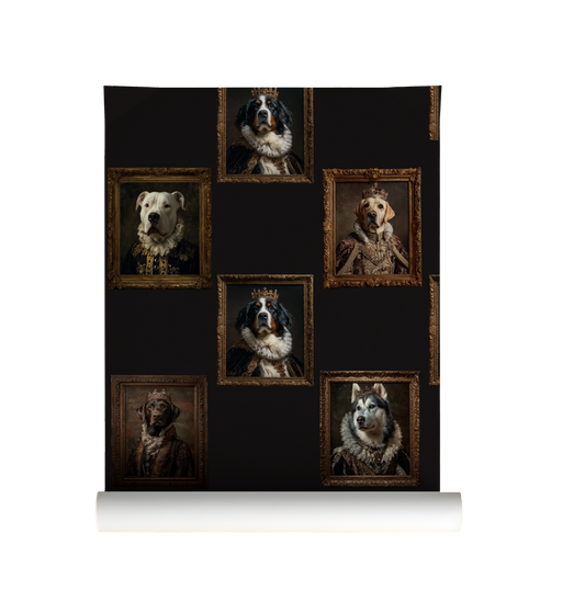 Dark vintage dog portrait wallpaper with regal dogs in ornate frames, moody black background, royal animal gallery wall peel and stick wallpaper on roll