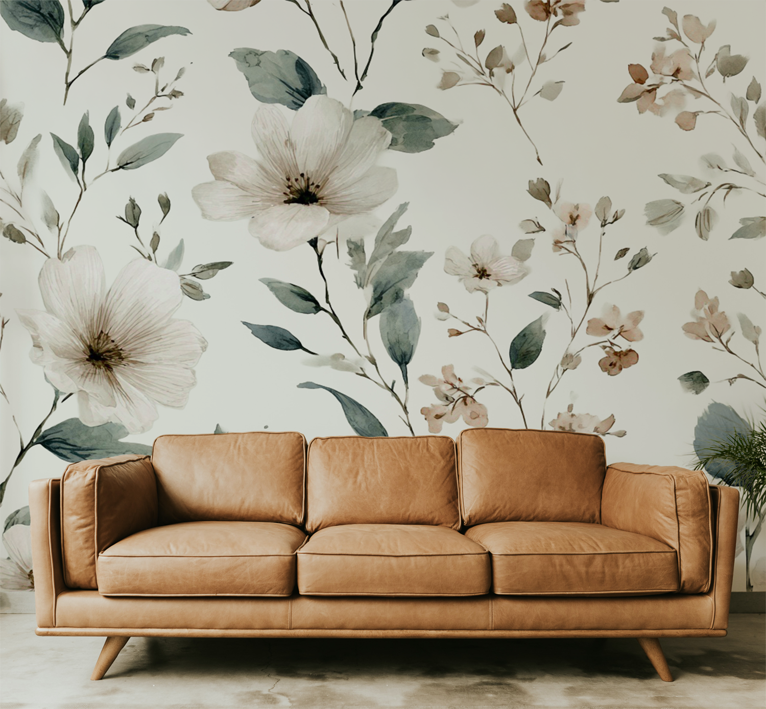 Soft neutral wildflower wall mural with delicate botanical flowers in beige and sage tones and sofa