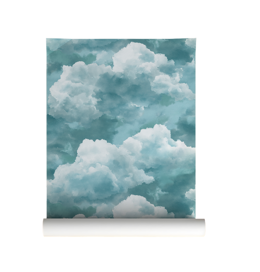 Soft blue cloud wallpaper with dreamy painted clouds in a misty sky pattern. On roll