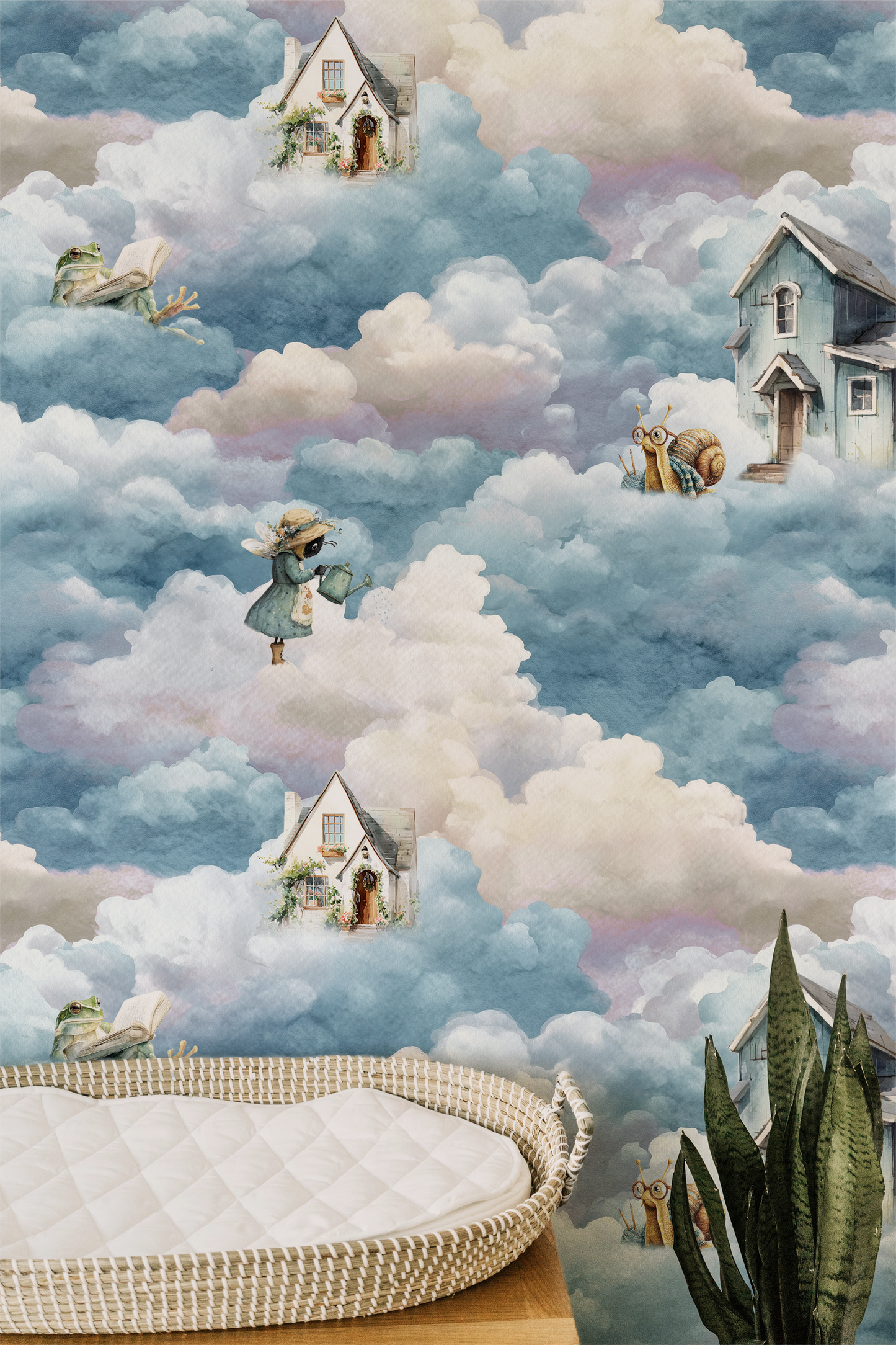 Whimsical cloud wallpaper with floating cottage, bee, snail, and frog among soft blue storybook clouds In room 