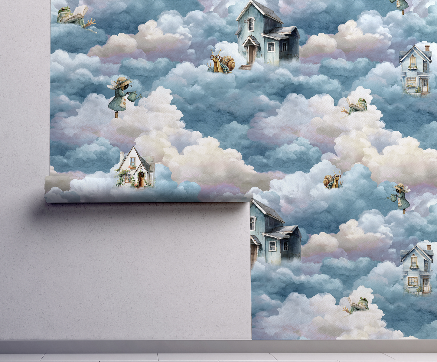Whimsical cloud wallpaper with floating cottage, bee, snail, and frog among soft blue storybook clouds On wall