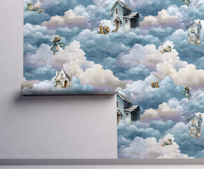 Whimsical cloud wallpaper with floating cottage, bee, snail, and frog among soft blue storybook clouds On wall