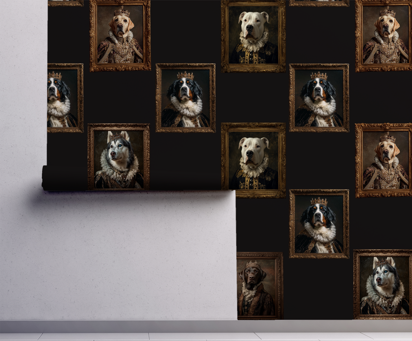 Dark vintage dog portrait wallpaper with regal dogs in ornate frames, moody black background, royal animal gallery wall peel and stick wallpaper in living room