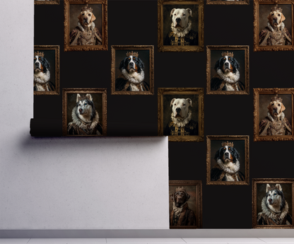 Dark vintage dog portrait wallpaper with regal dogs in ornate frames, moody black background, royal animal gallery wall peel and stick wallpaper in living room