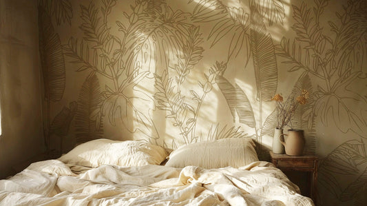 Tropical Island - Lined White And Gold Botanical Wallpaper