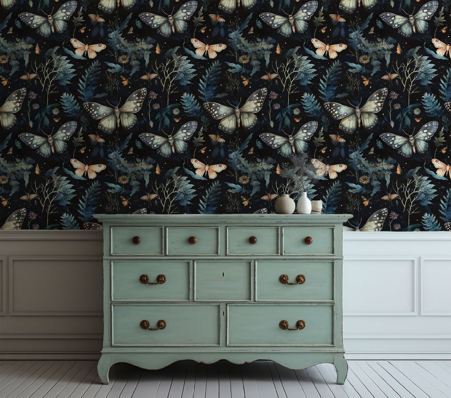 Dark Cottagecore wallpaper with soft vintage moths and shadowed ferns on a black background