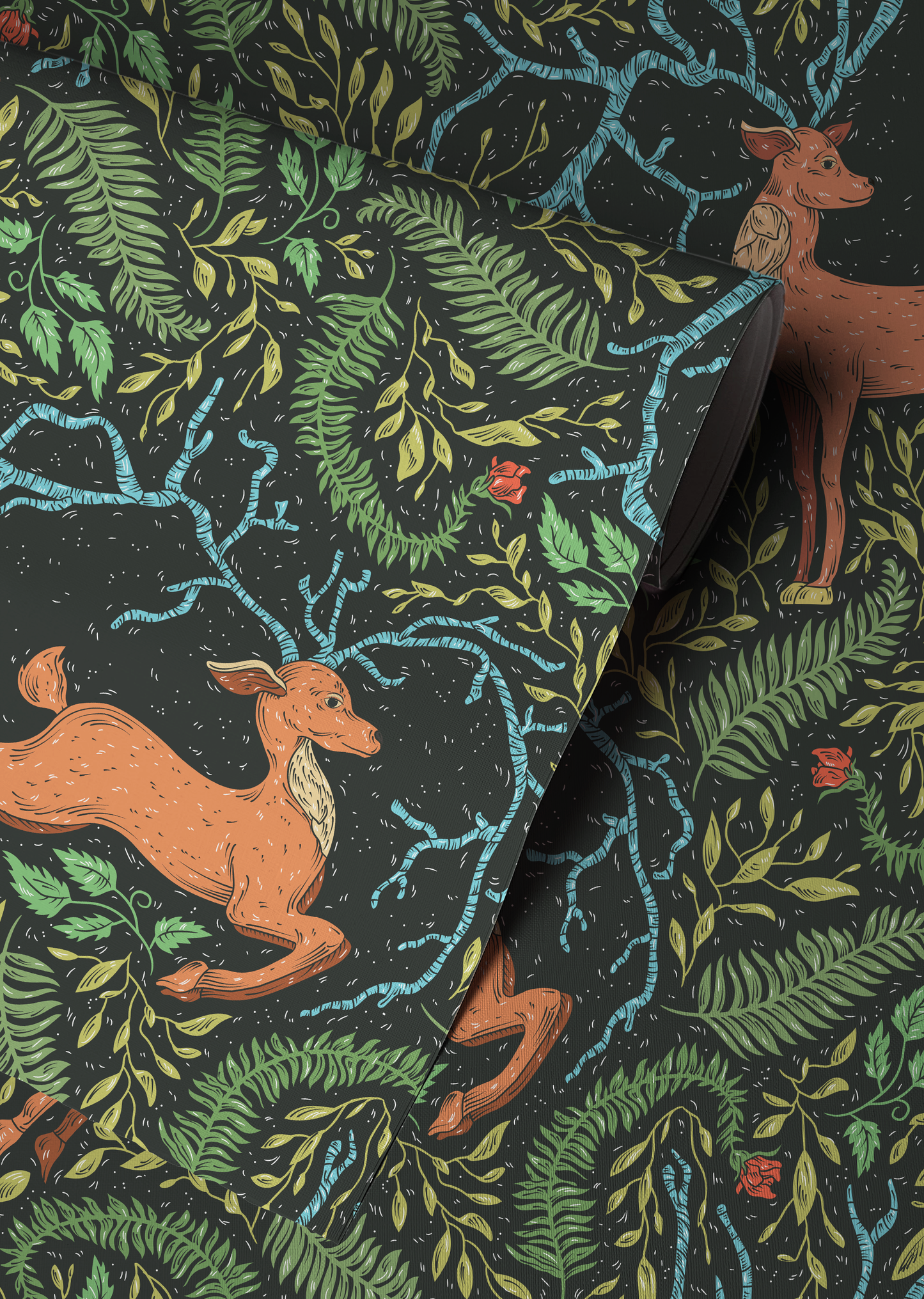 Dark woodland deer wallpaper featuring copper-colored deer, lush ferns, twisting branches, and forest foliage on a black background.