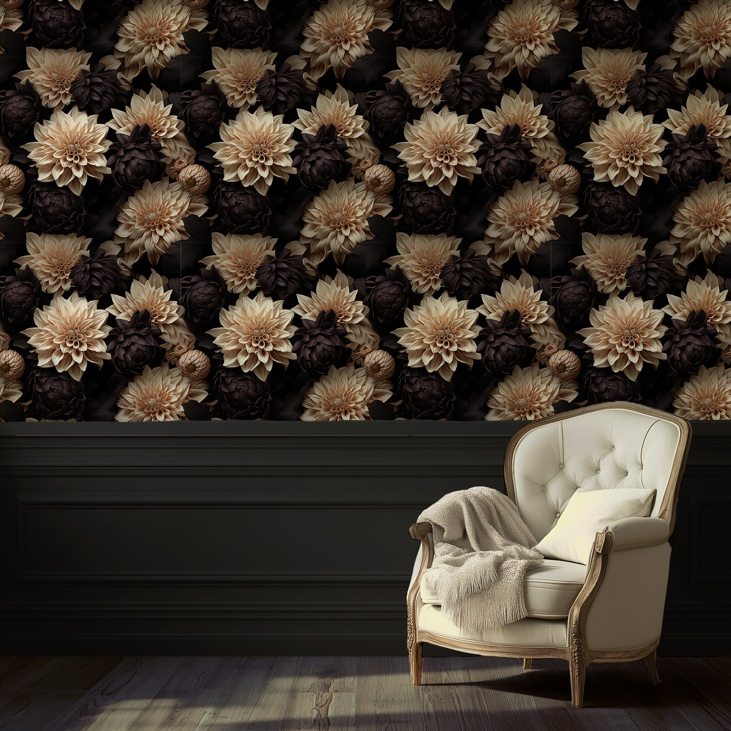 Peel and stick wallpaper with sculpted dahlias in cream and sable on a deep black background for moody Cottagecore interiors