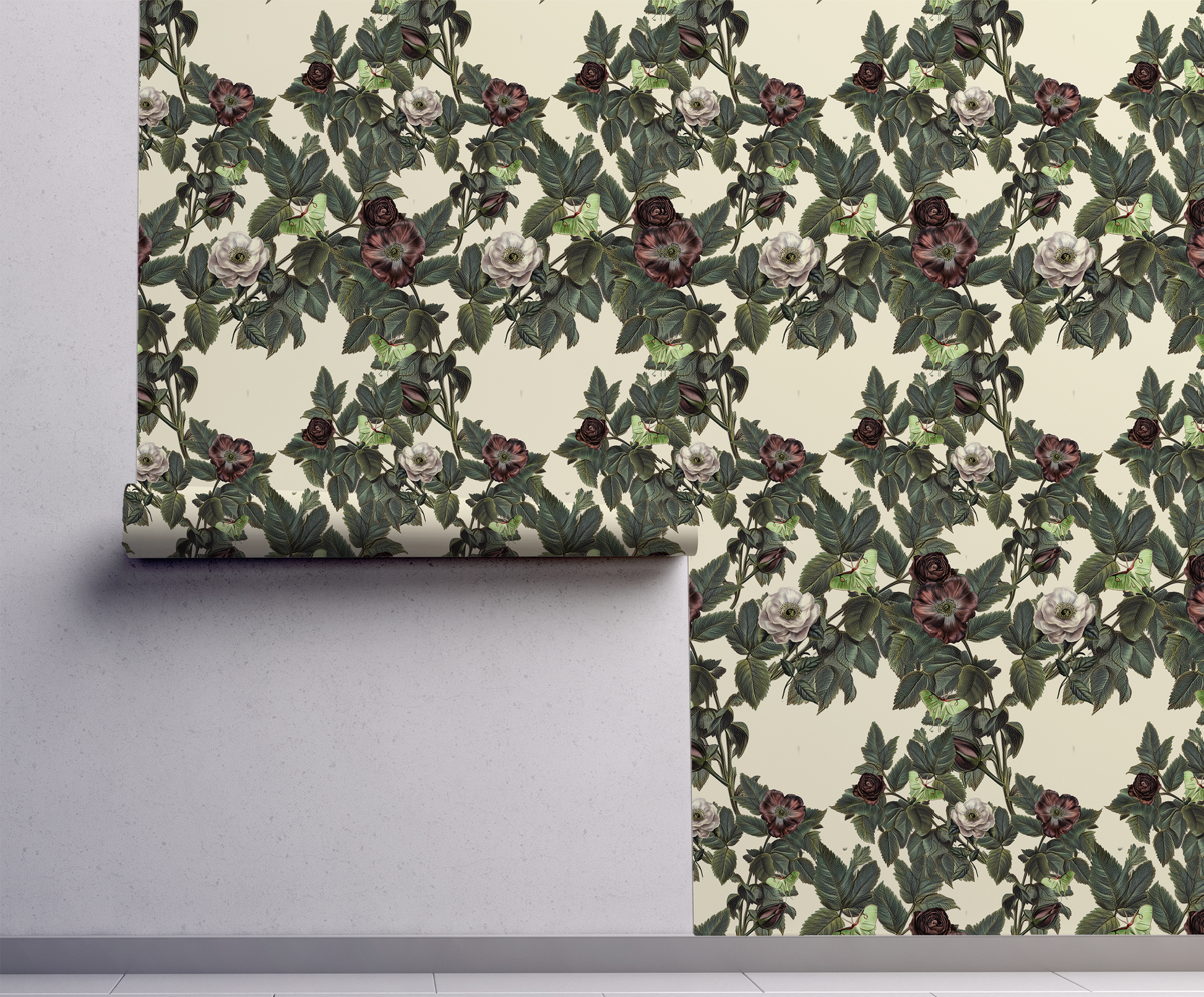 Luna Moth wallpaper with pale green moths, dusty mauve and cream roses, and deep green foliage on a warm ivory background