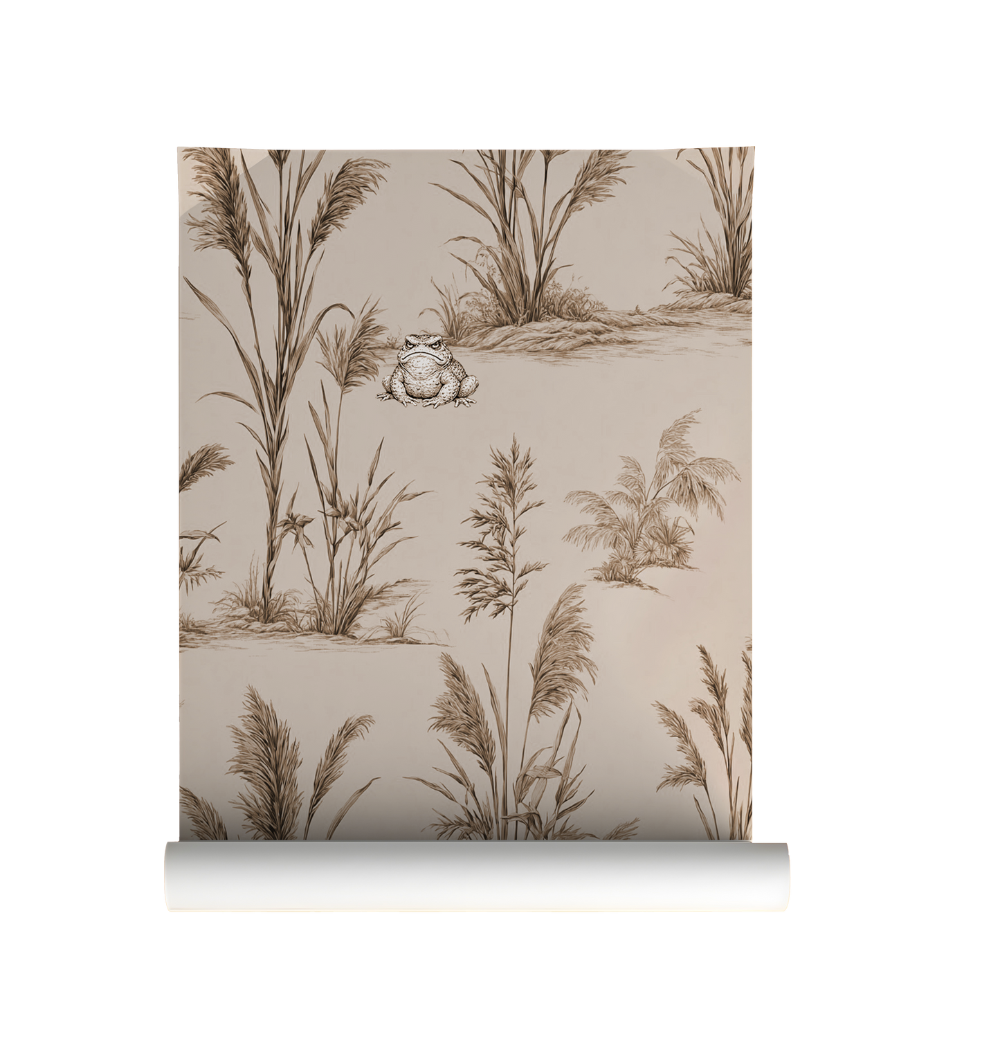 Vintage toad wallpaper with botanical reeds and grasses, sepia nature illustration, moody cottagecore wall design with whimsical frog on roll