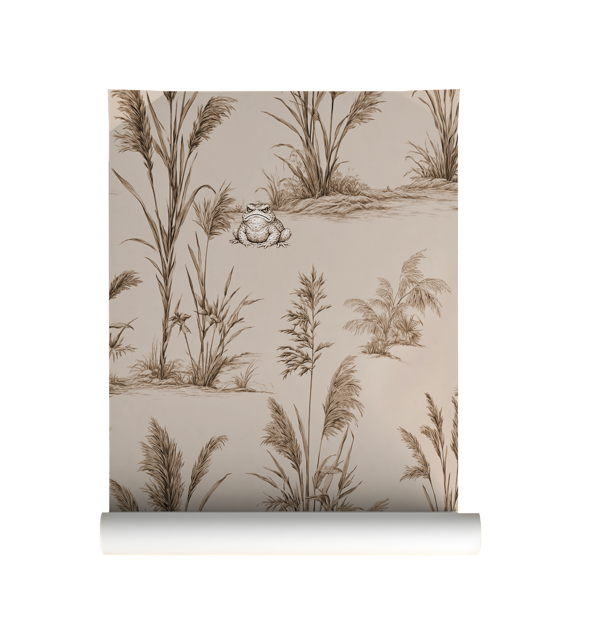 Vintage toad wallpaper with botanical reeds and grasses, sepia nature illustration, moody cottagecore wall design with whimsical frog on roll