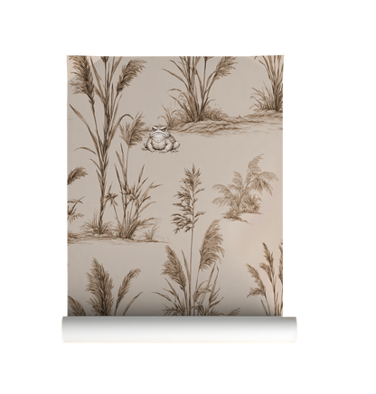 Vintage toad wallpaper with botanical reeds and grasses, sepia nature illustration, moody cottagecore wall design with whimsical frog on roll