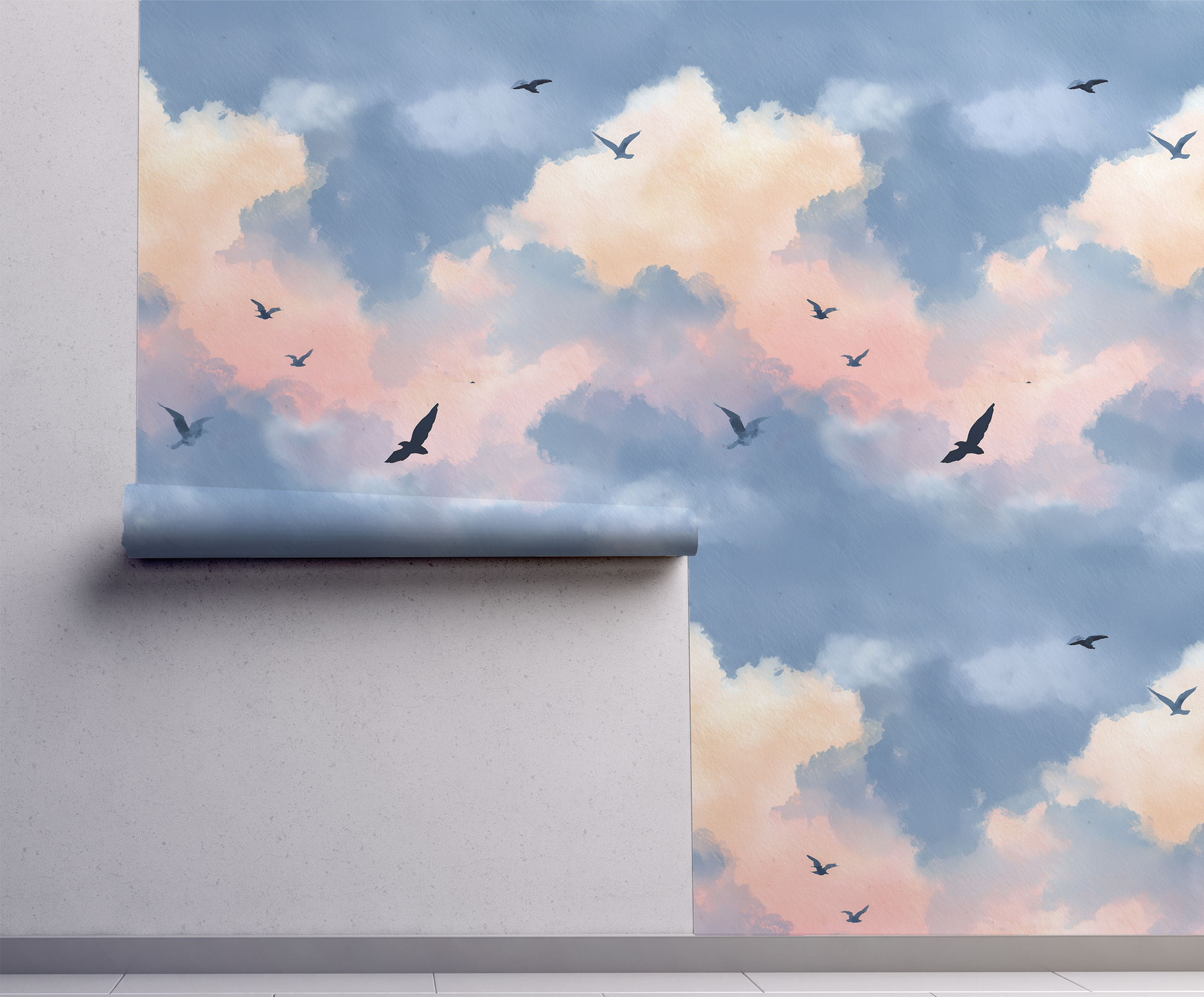 Dreamy evening sky wallpaper with soft blue and peach clouds and flying birds