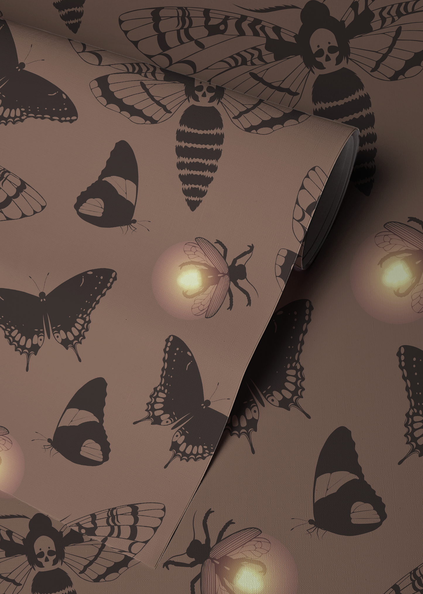 Dark cottagecore wallpaper featuring vintage death's head moths, butterflies, and glowing fireflies on a warm taupe background with peel and stick installation.