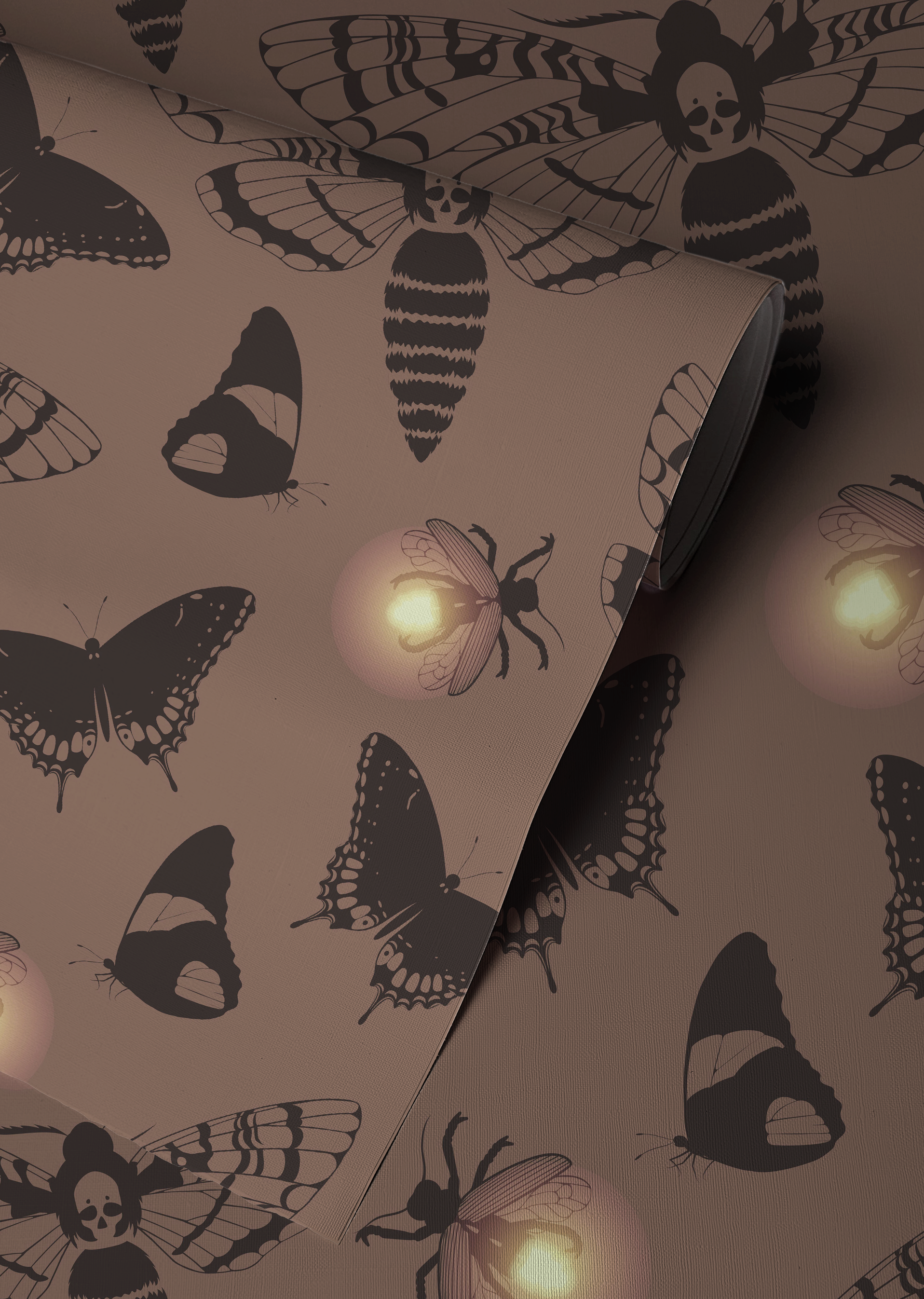 Dark cottagecore wallpaper featuring vintage death's head moths, butterflies, and glowing fireflies on a warm taupe background with peel and stick installation.
