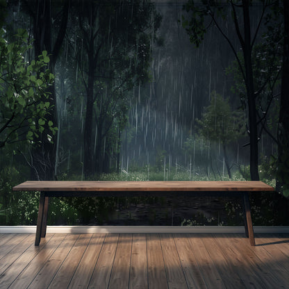 Moody forest mural with rain falling over wildflowers and trees, perfect for dark Cottagecore bedroom or yoga room wall