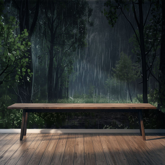 Moody forest mural with rain falling over wildflowers and trees, perfect for dark Cottagecore bedroom or yoga room wall