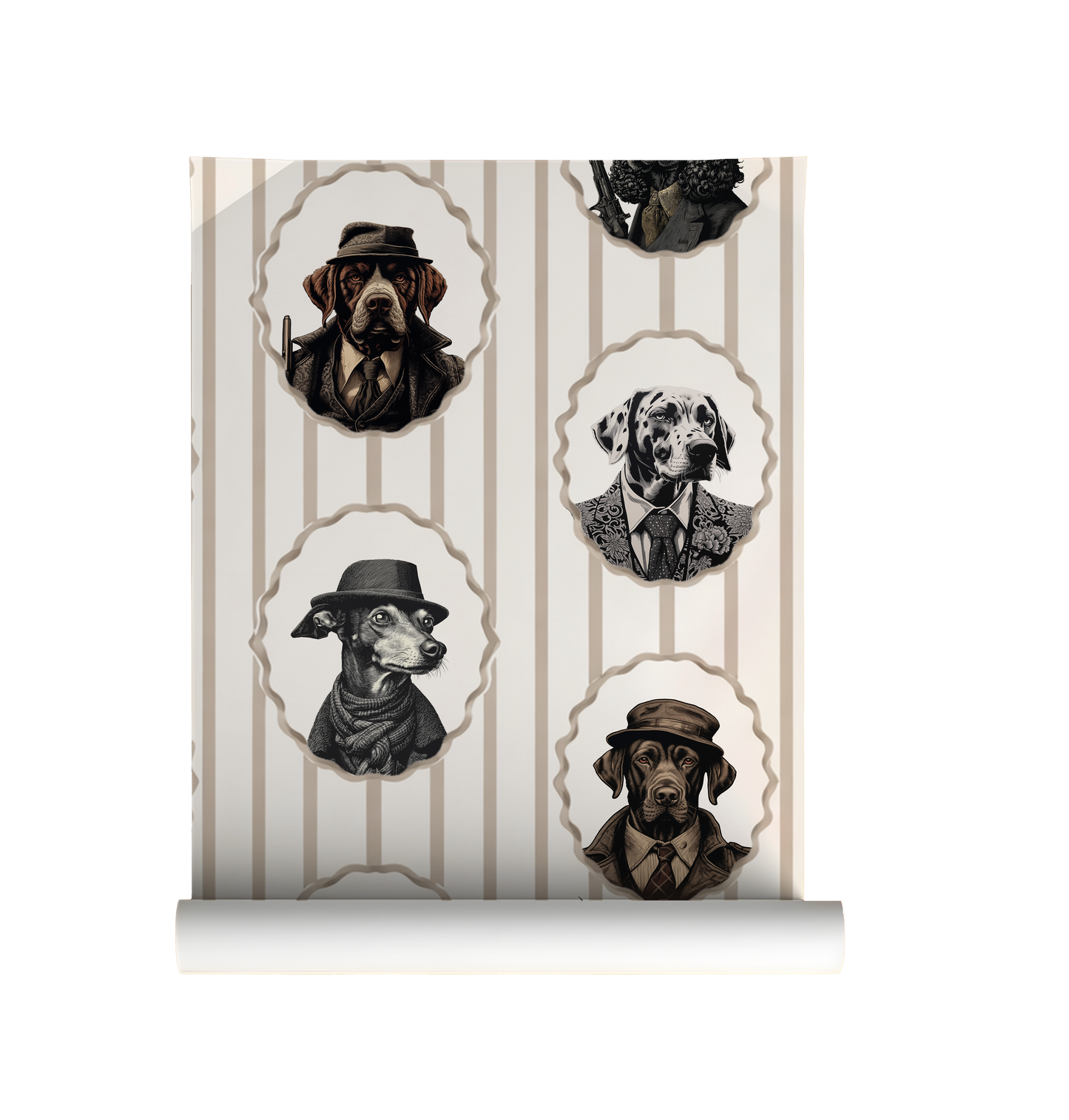 Vintage dog portrait wallpaper with Victorian dressed dogs in oval frames, beige striped background, moody cottagecore animal wall design on roll
