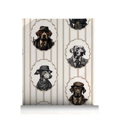 Vintage dog portrait wallpaper with Victorian dressed dogs in oval frames, beige striped background, moody cottagecore animal wall design on roll