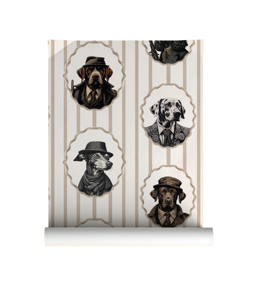 Vintage dog portrait wallpaper with Victorian dressed dogs in oval frames, beige striped background, moody cottagecore animal wall design on roll